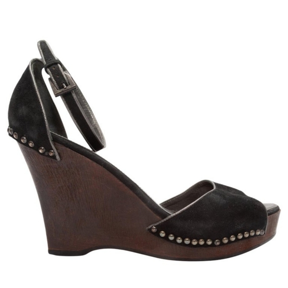 Prada Suede Studded Wedge Platform Heels Sandals 35.5 - Picture 1 of 12